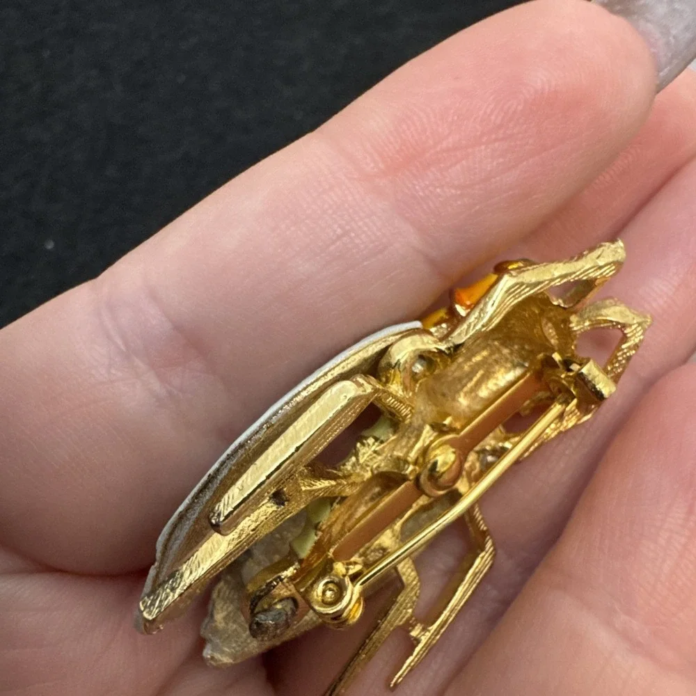 Vintage 1950's Gorgeous Enamel Cicada Brooch Multicolored Gold Tone